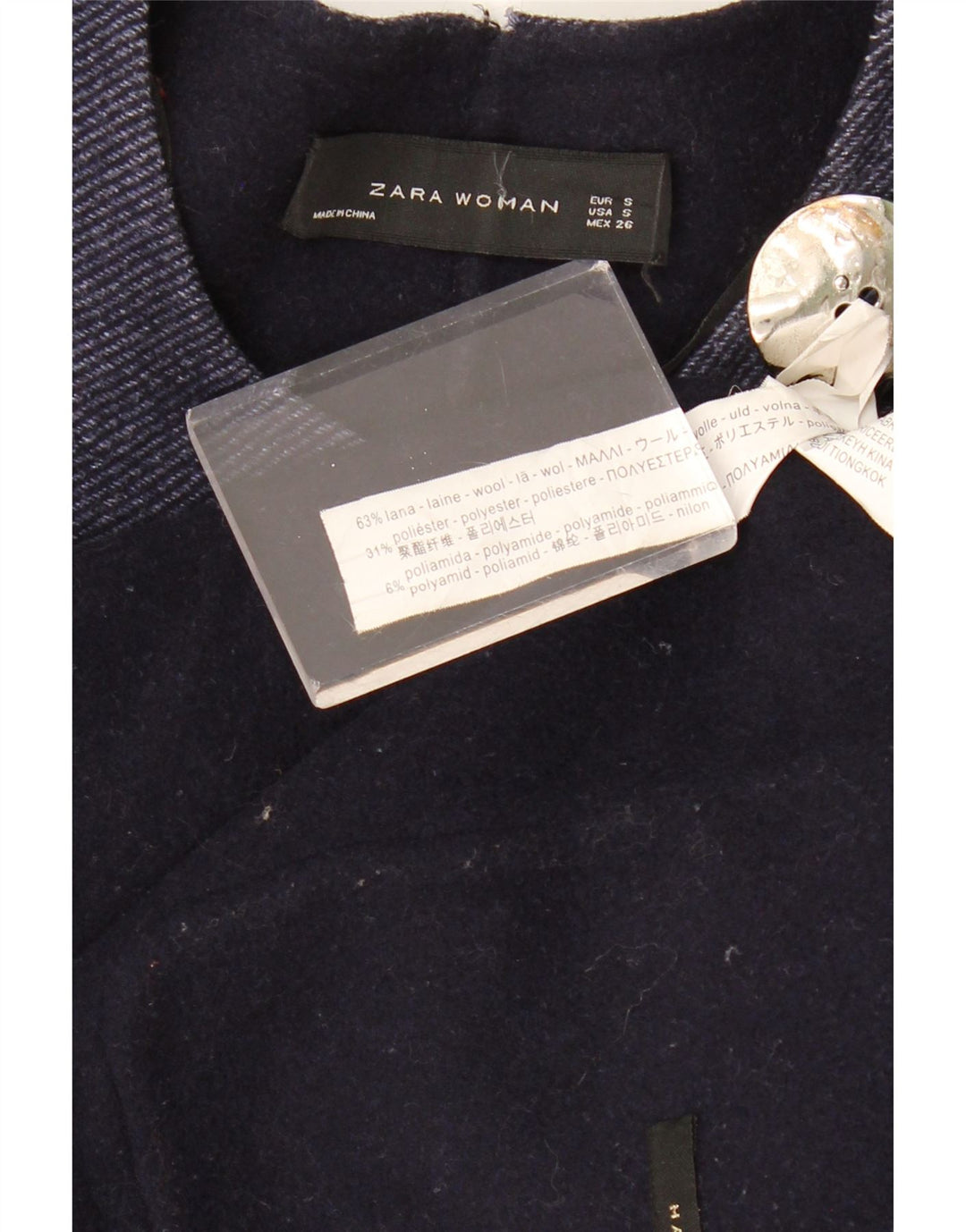 ZARA Γυναικείο πανωφόρι 3/4 μανίκι UK 10 Small Navy Blue Wool