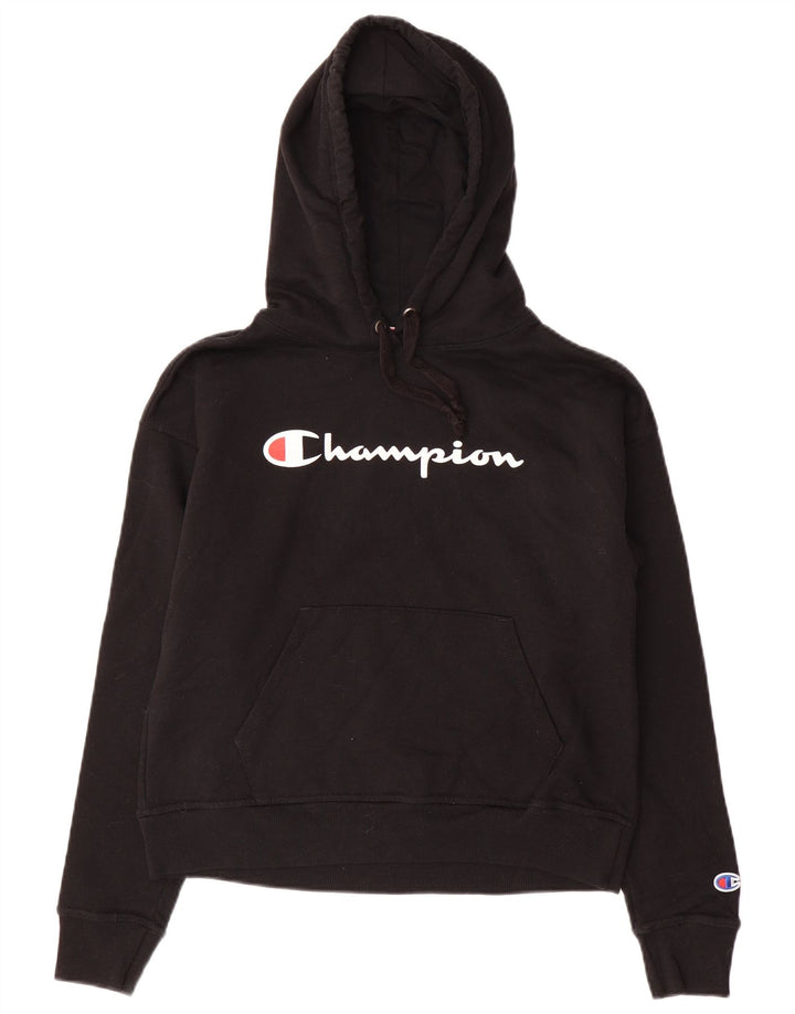 CHAMPION Γυναικείο υπερμεγέθη Crop Graphic Hoodie Jumper UK 6 XS μαύρο βαμβακερό