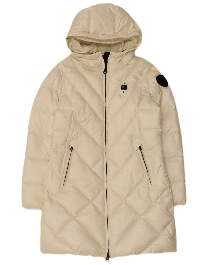 Blauer Γυναικείο παλτό με κουκούλα UK 16 Large White Polyamide
