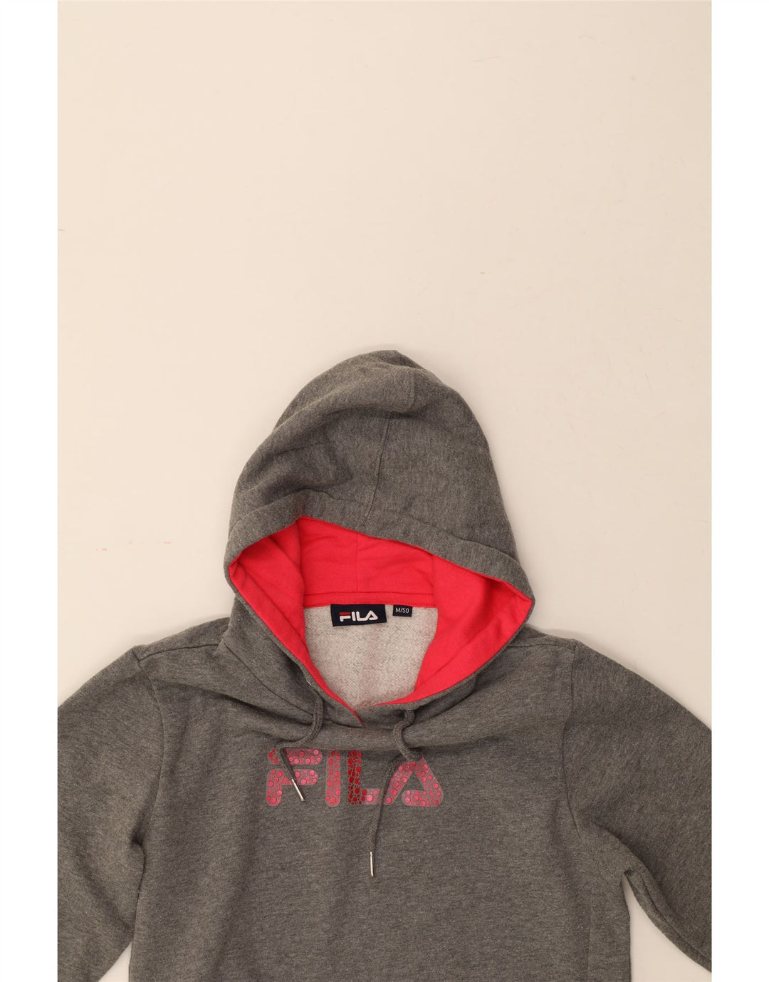 FILA Womens Graphic Hoodie Jumper UK 14 Medium Grey Polyester Vintage Fila and Second-Hand Fila from Messina Hembry 