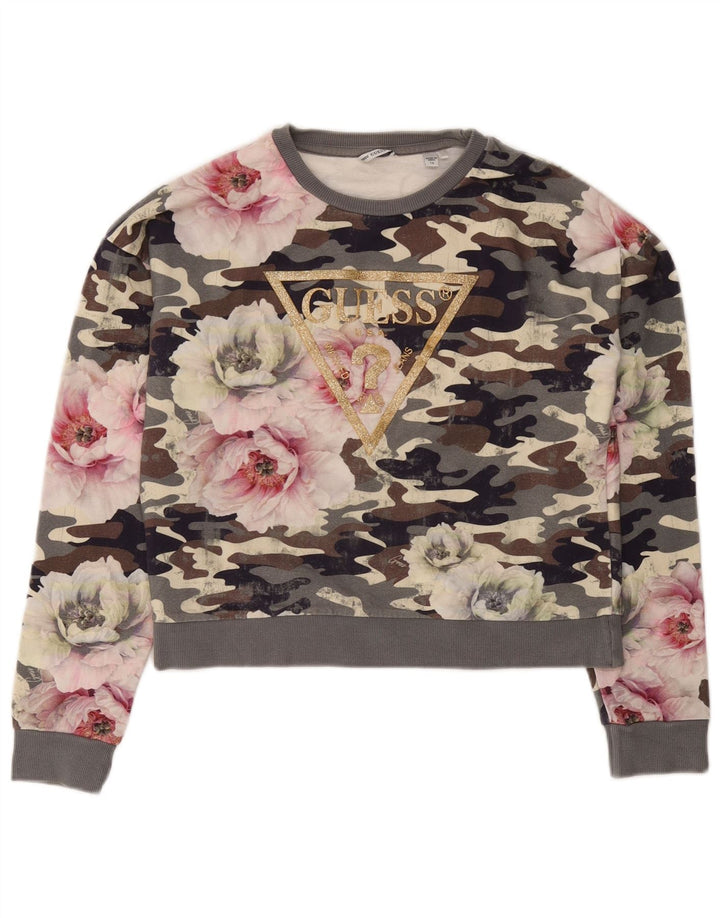 GUESS Γυναικείο Crop Φούτερ Jumper UK 16 Large Grey Camouflage