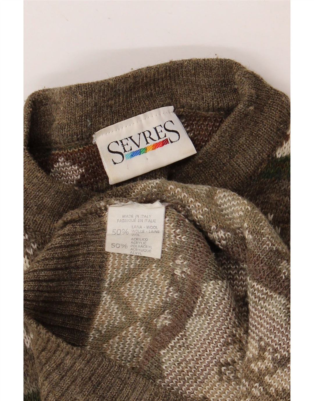 SEVRES Ανδρικό πουλόβερ με λαιμόκοψη IT 52 Large Khaki Fair Isle Wool