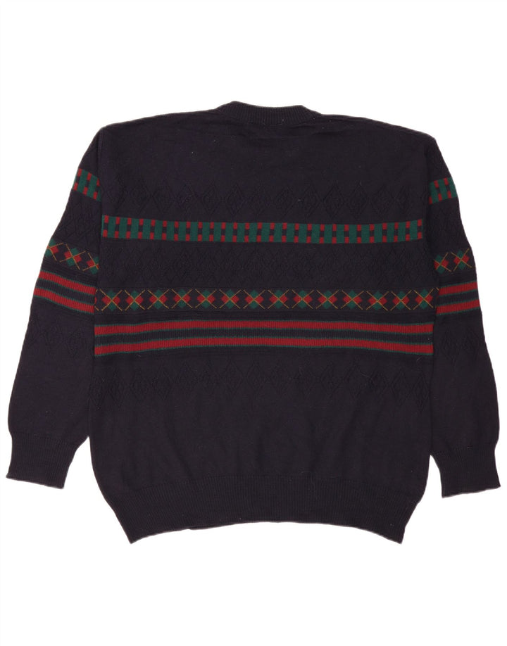 VINTAGE Ανδρικό πουλόβερ με λαιμόκοψη IT 50 Μεγάλο Navy Blue γεωμετρικό