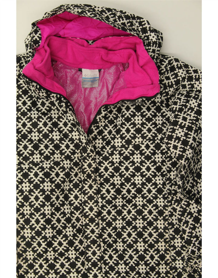 COLUMBIA Girls Abstract Pattern Rain Jacket 14-15 Years Large Black Vintage Columbia and Second-Hand Columbia from Messina Hembry 