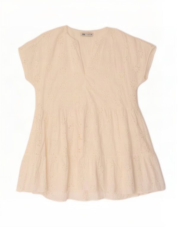 Zara Γυναικείο Υπερμεγέθη φόρεμα UK 16 Large Off White Floral Βαμβακερό