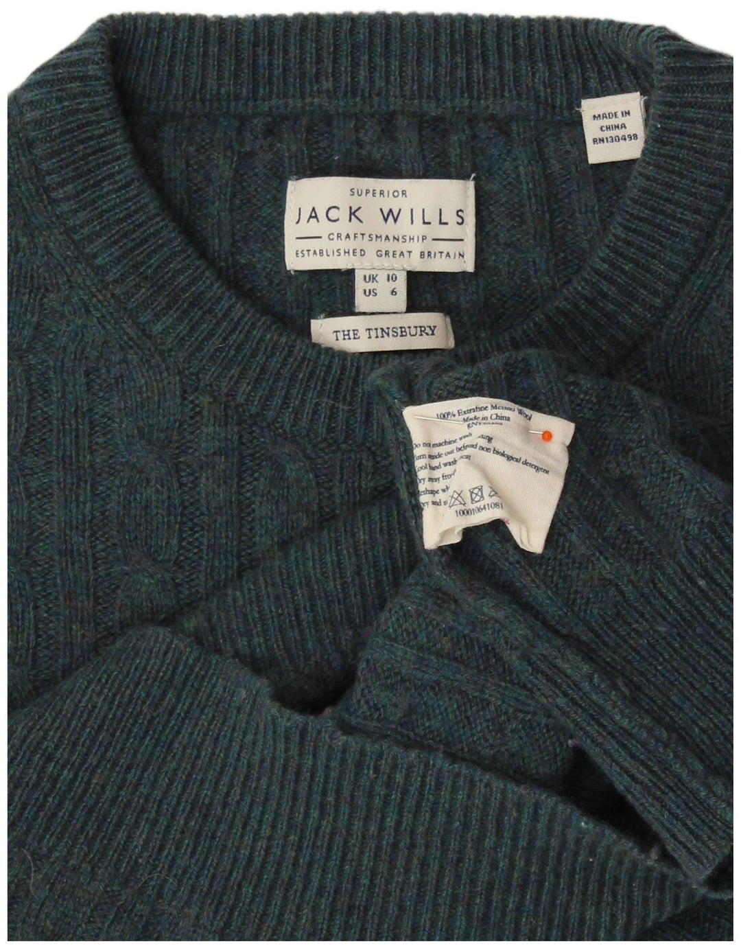 Jack Wills Γυναικείο πουλόβερ με λαιμόκοψη UK 10 Small Green Merino Wool