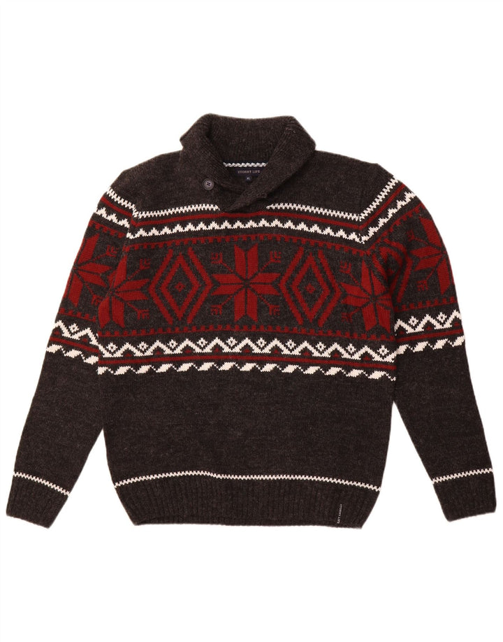 Vintage ανδρικό πουλόβερ με λαιμόκοψη με σάλι Medium Grey Fair Isle