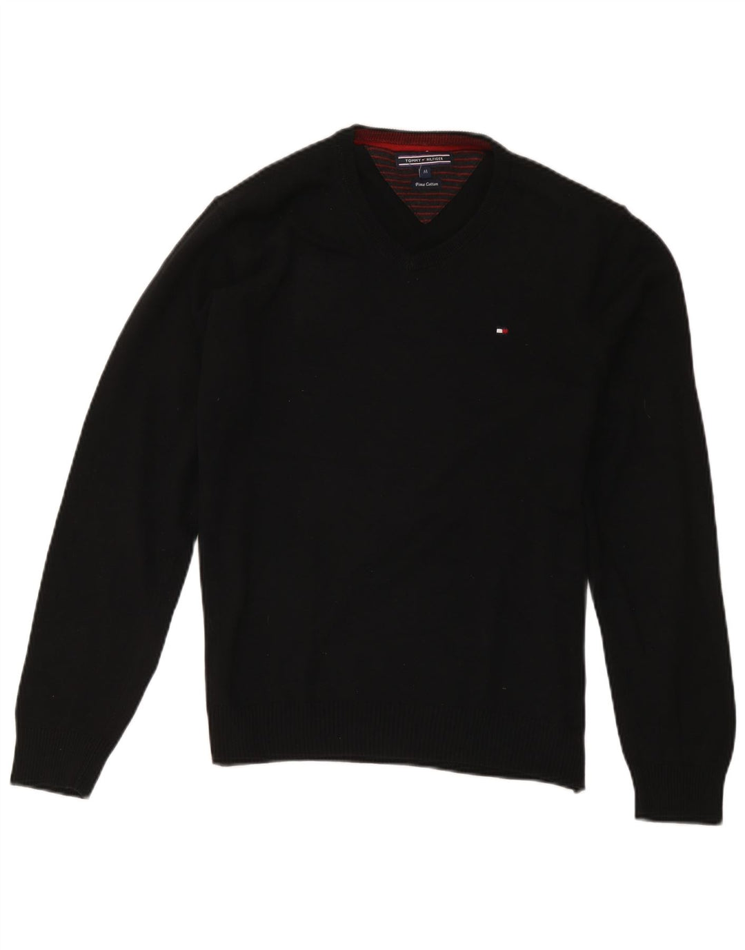Ανδρικό πουλόβερ Tommy Hilfiger με V λαιμόκοψη, μεσαίο μαύρο βαμβακερό
