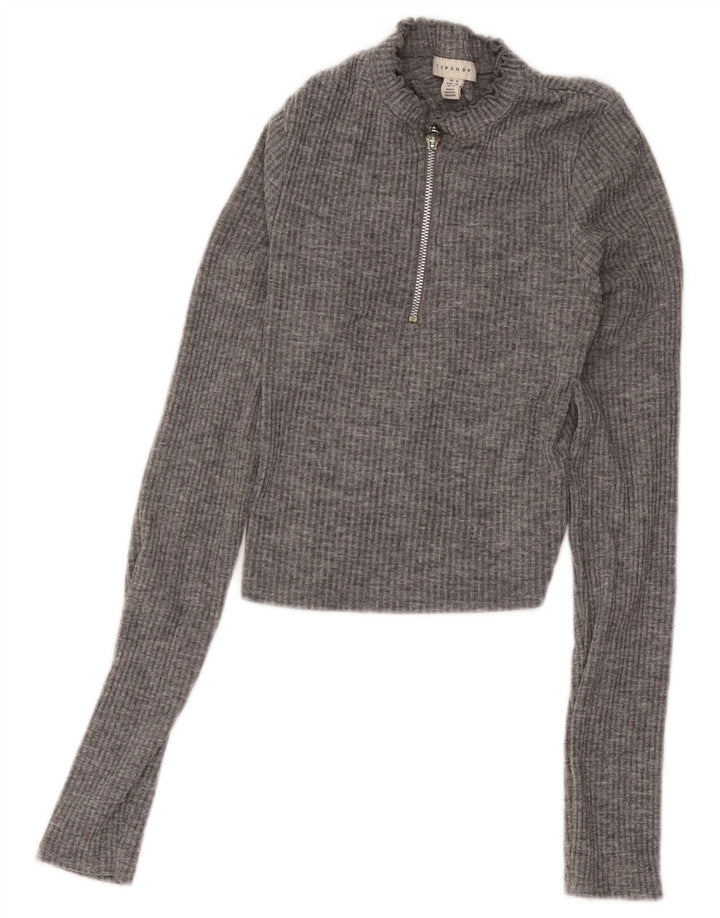 Topshop γυναικείο φερμουάρ με λαιμόκοψη τοπ UK 10 μικρού γκρι πολυεστέρα
