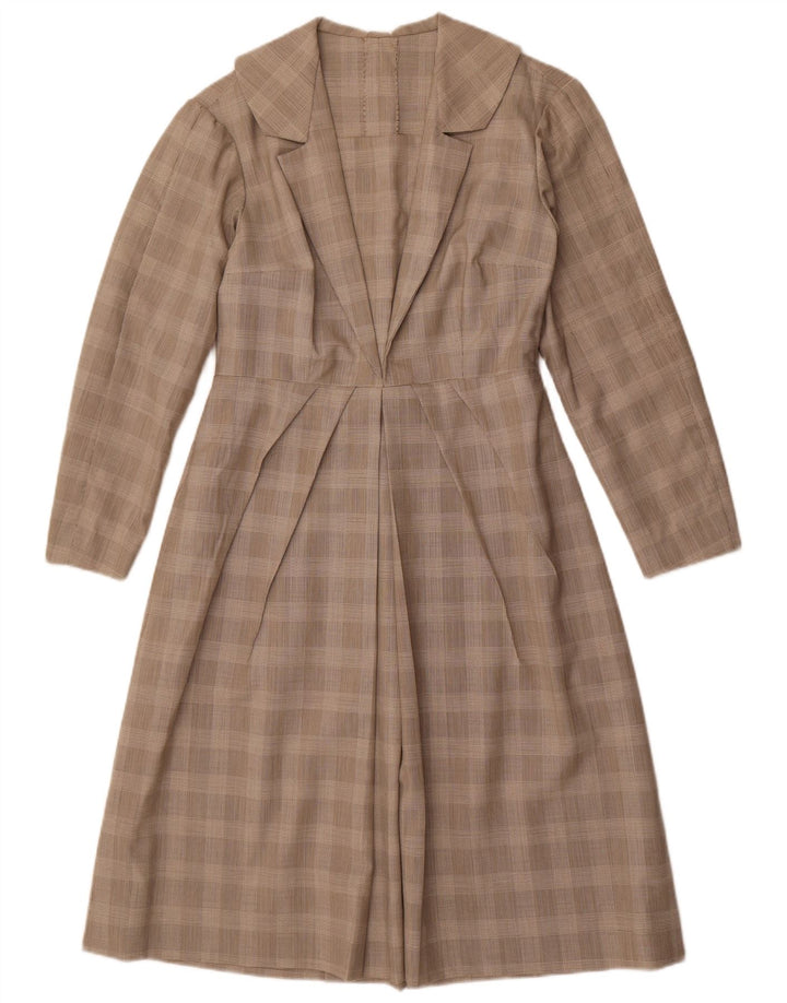 Vintage γυναικείο μακρυμάνικο φόρεμα A-line UK 12 μεσαίο γκρι τσεκ