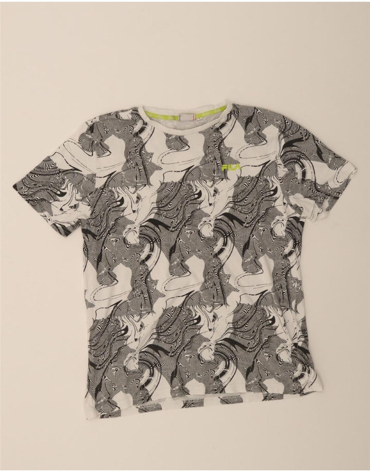 FILA Womens Abstract Pattern Graphic T-Shirt Top UK 16 Large Grey Cotton Vintage Fila and Second-Hand Fila from Messina Hembry 