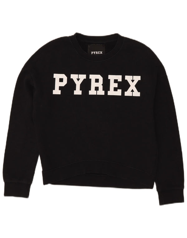 Pyrex Γυναικείο γραφικό φούτερ υπερμεγέθη Crop Jumper UK 6 XS μαύρο βαμβακερό
