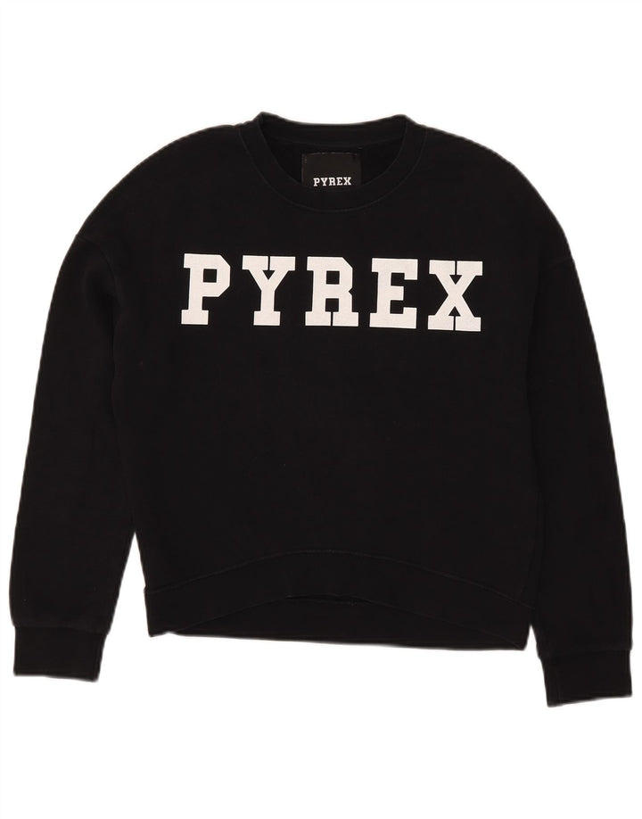 Pyrex Γυναικείο γραφικό φούτερ υπερμεγέθη Crop Jumper UK 6 XS μαύρο βαμβακερό