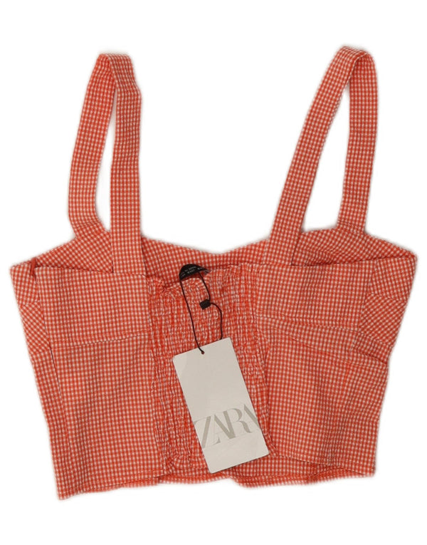 Zara Γυναικείο Αμάνικο Crop Top UK 8 Small Red Gingham Cotton