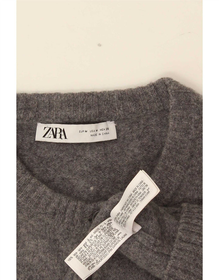 Zara Γυναικείο πουλόβερ ζακέτα Crop UK 12 Medium Grey Wool