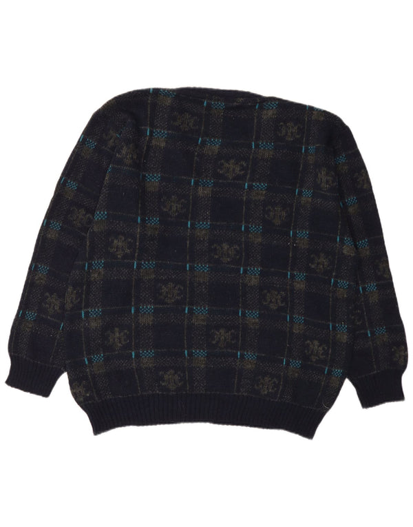 Vintage Mens V-Neck Jumper Sweater IT 50 Medium Navy Blue Geometric Acrylic