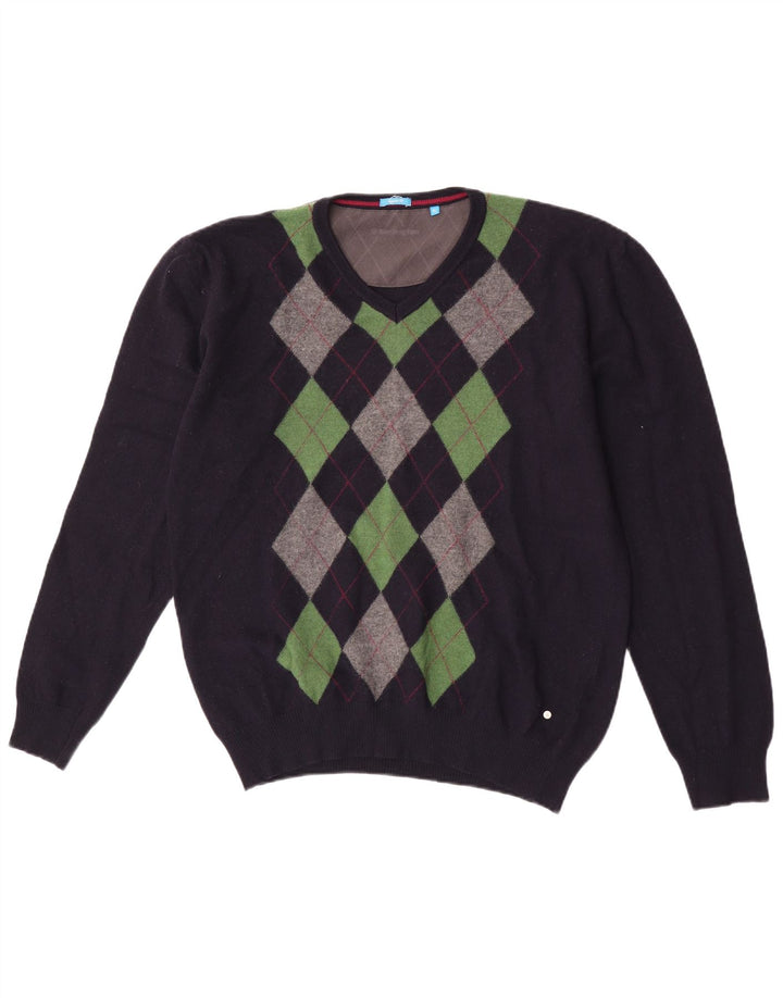 Ανδρικό πουλόβερ Burlington με V λαιμόκοψη XL Navy Blue Argyle/Diamond