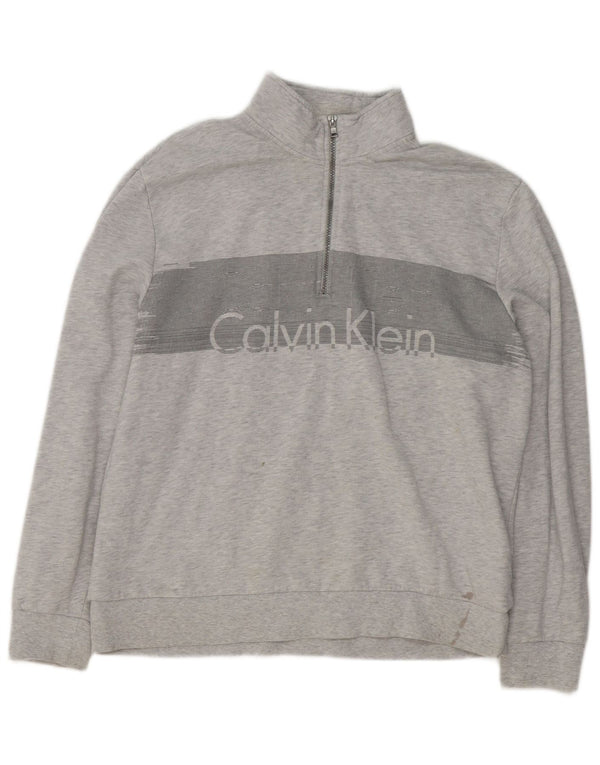 Calvin Klein Mens Graphic Zip Neck Sweatshirt Jumper XL Grey Flecked Cotton
