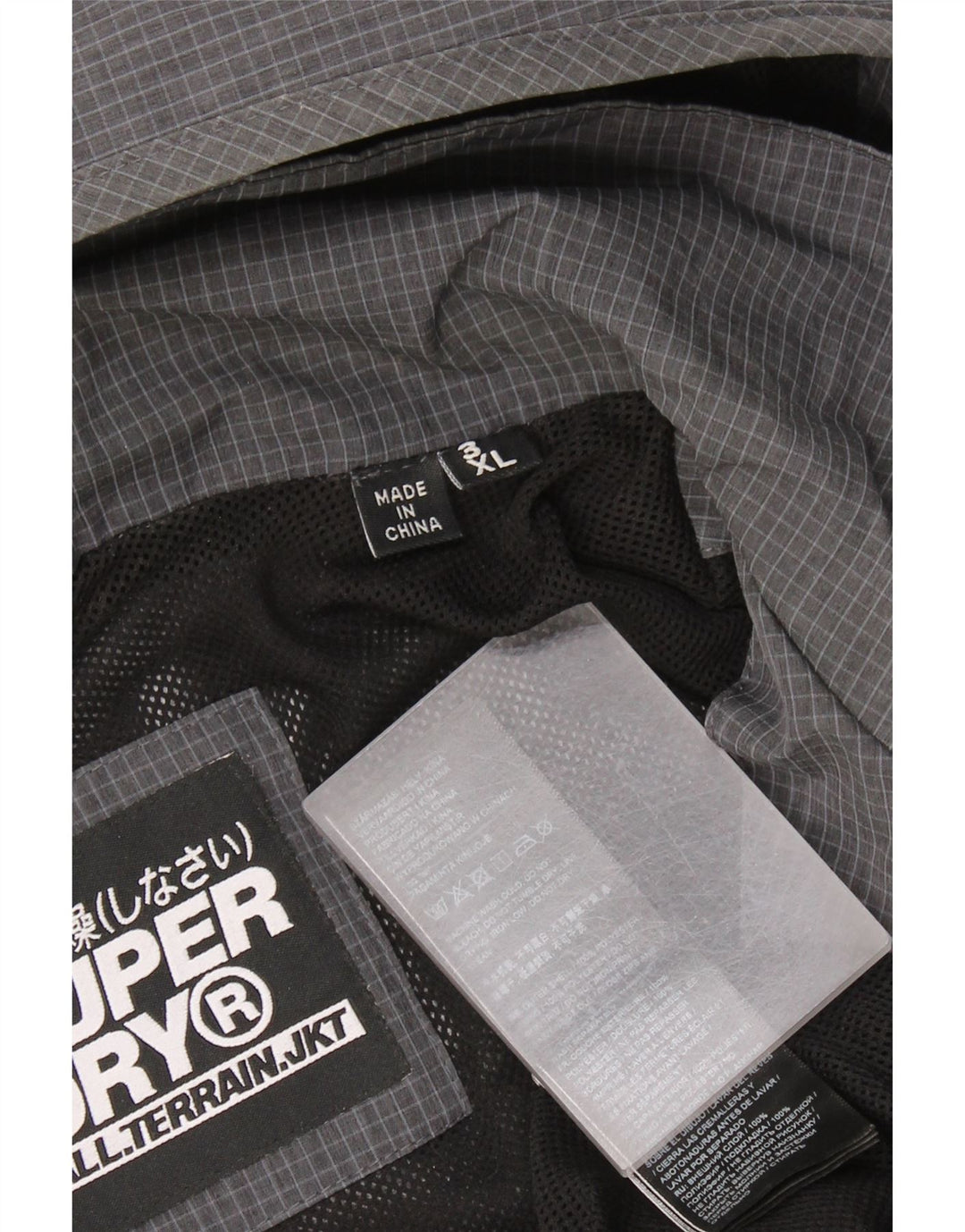 Superdry Ανδρικό μπουφάν βροχής με κουκούλα UK 46 3XL Grey Check Polyester