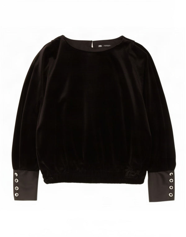 Γυναικεία Zara Oversized μακρυμάνικη βελούδινη μπλούζα τοπ UK 14 Medium Black