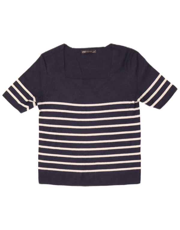 Marks & Spencer Womens Crop Top UK 12 Medium Navy Blue ριγέ βισκόζη