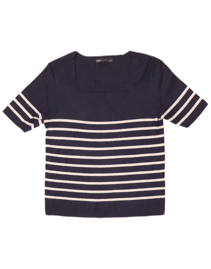 Marks & Spencer Womens Crop Top UK 12 Medium Navy Blue ριγέ βισκόζη