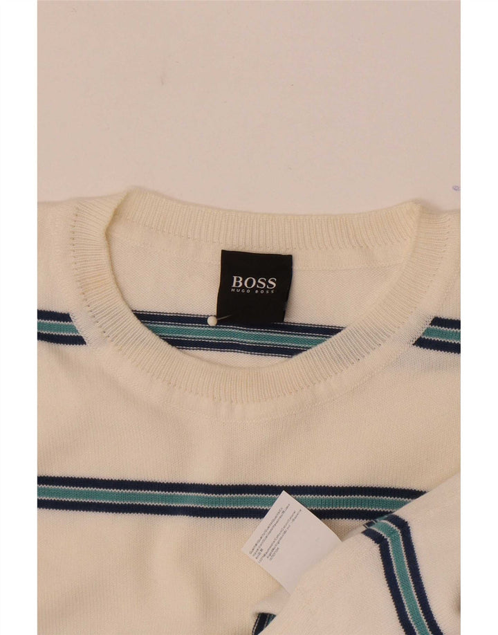 Ανδρικό πουλόβερ με λαιμόκοψη Hugo Boss, Βαμβακερό μεσαίο λευκό ριγέ