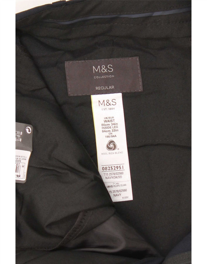 Ανδρικό παντελόνι κανονικό κοστούμι Marks & Spencer W34 L33 Navy Blue Wool