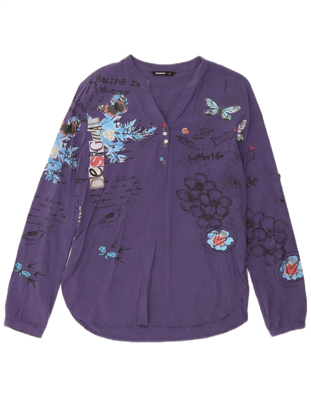 Desigual Γυναικείο πουλόβερ πουκάμισο UK 14 Medium Navy Blue Floral Viscose