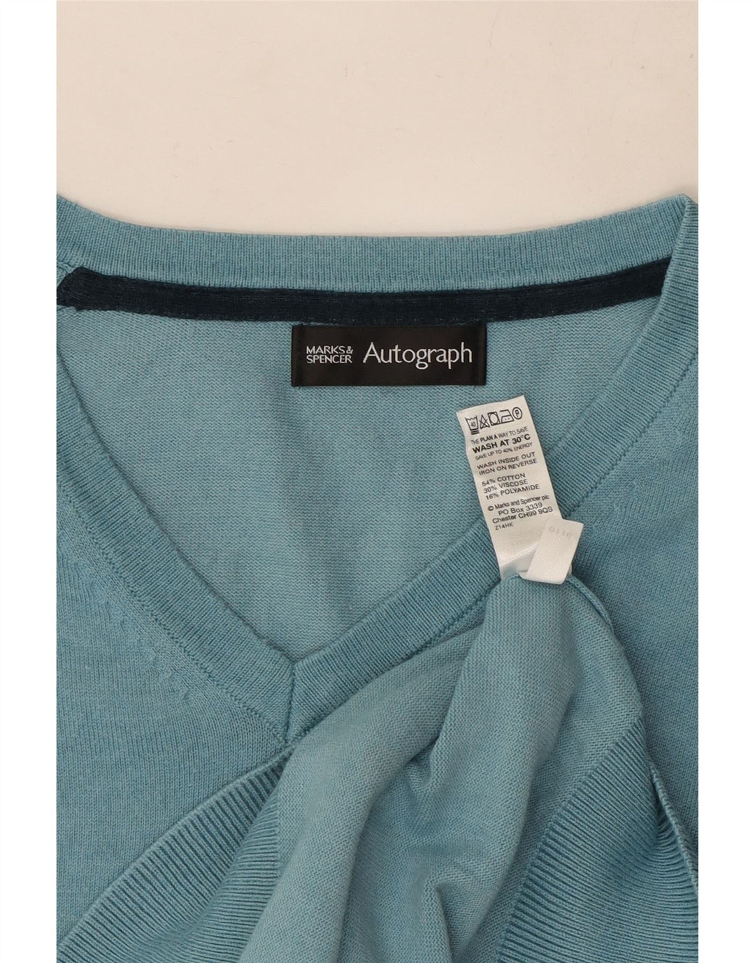 Ανδρικό πουλόβερ Marks & Spencer Autograph με λαιμόκοψη με λαιμόκοψη σε μεσαίο μπλε βαμβακερό