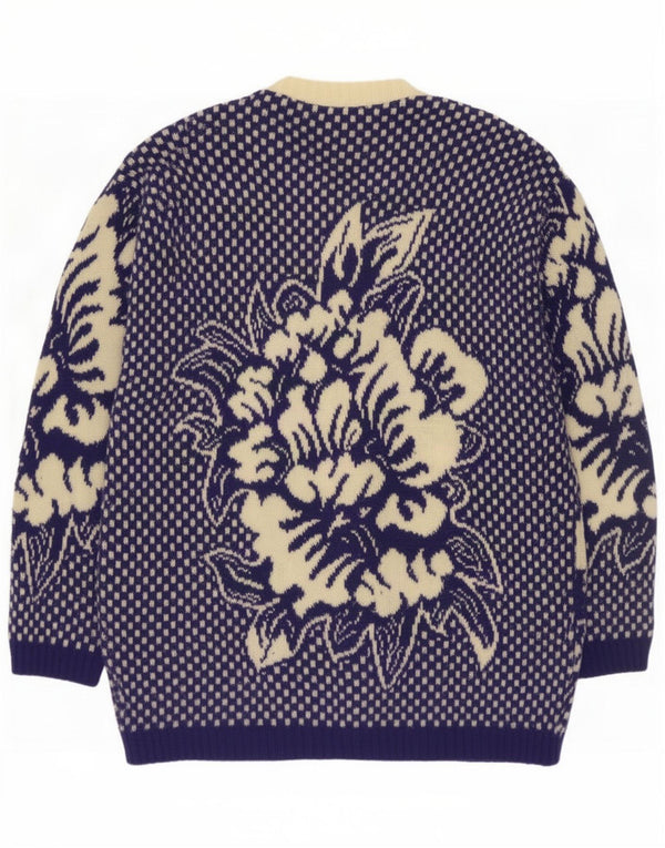 Vintage Γυναικεία Ζακέτα UK 16 Large Navy Blue Floral μαλλί