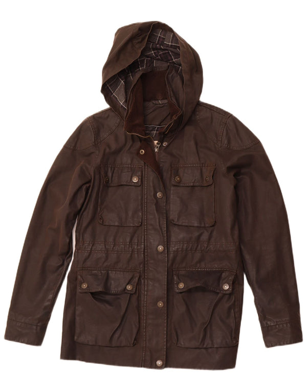 FAT FACE Womens Hooded Waxed Cotton Jacket UK 10 Small Brown Cotton