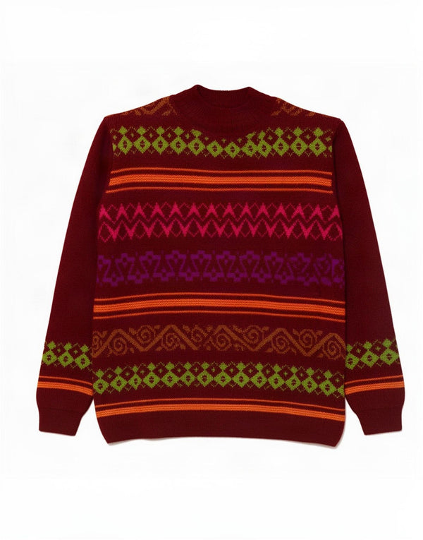 Benetton γυναικείο πουλόβερ με λαιμό χελώνα UK 16 Large Burgundy Fair Isle