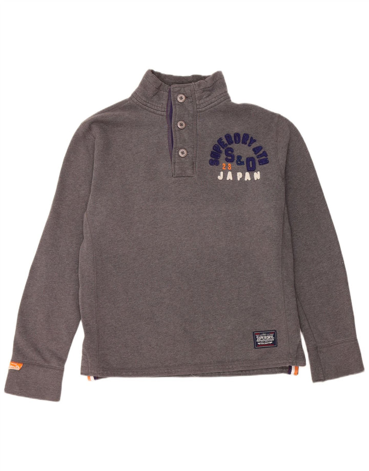 Ανδρικό φούτερ με γραφικό λαιμό με κουμπιά Superdry Jumper μεγάλο γκρι βαμβακερό