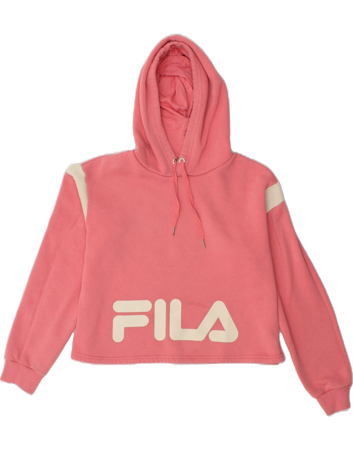 FILA Womens Crop Graphic Hoodie Jumper UK 14 Medium Pink Polyester Vintage Fila and Second-Hand Fila from Messina Hembry 
