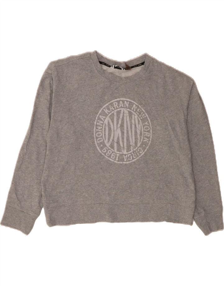 DKNY Womens Oversized Crop Graphic Sweatshirt Jumper UK 16 Large Grey Vintage Dkny and Second-Hand Dkny from Messina Hembry 