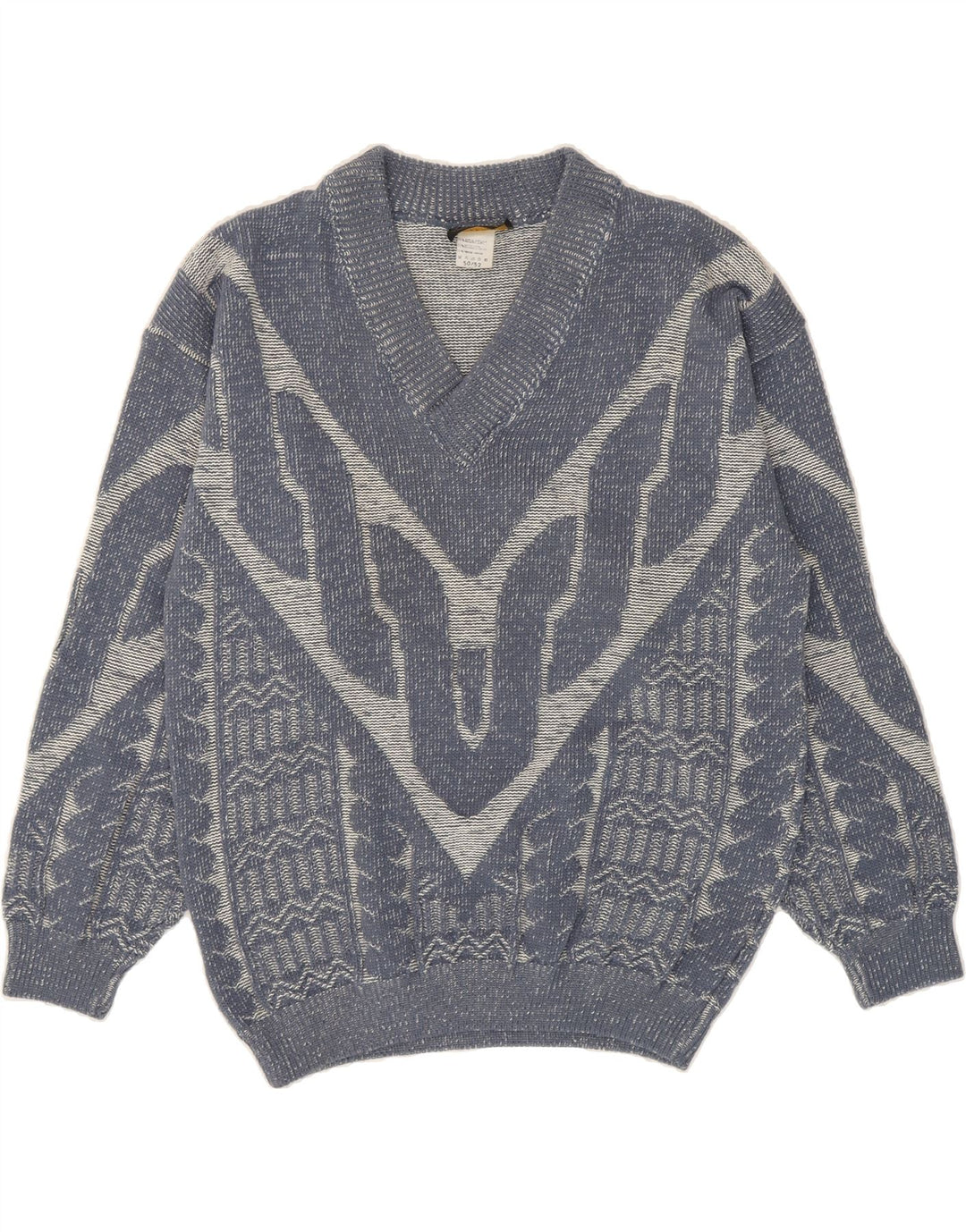 VINTAGE Mens Abstract Pattern V-Neck Jumper Sweater IT 50/52 Medium Blue Vintage Vintage and Second-Hand Vintage from Messina Hembry 