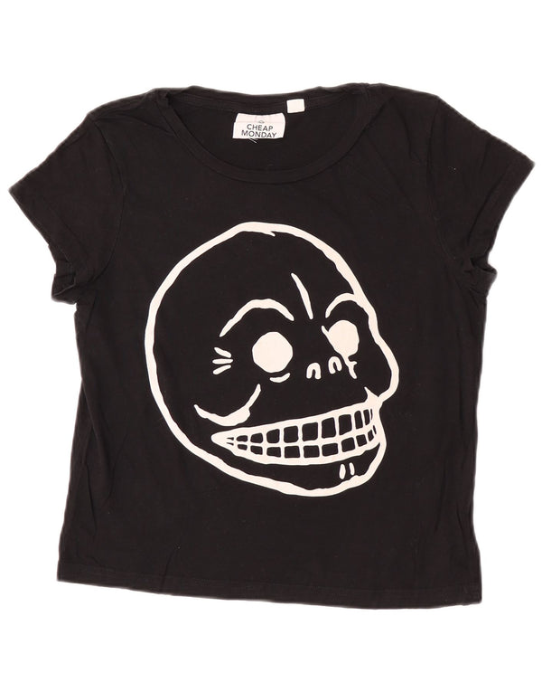 Φτηνό Γυναικείο T-Shirt Crop γραφικό τοπ UK 12 μεσαίο μαύρο βαμβακερό