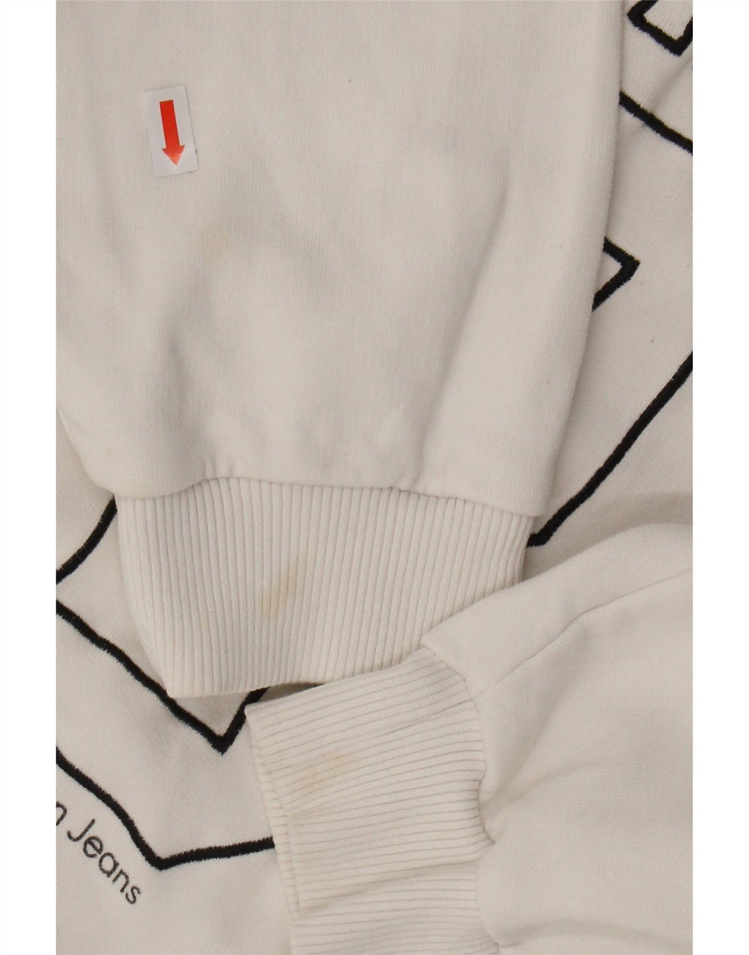 CALVIN KLEIN JEANS Mens Graphic Sweatshirt Jumper Large White Cotton Vintage Calvin Klein Jeans and Second-Hand Calvin Klein Jeans from Messina Hembry 