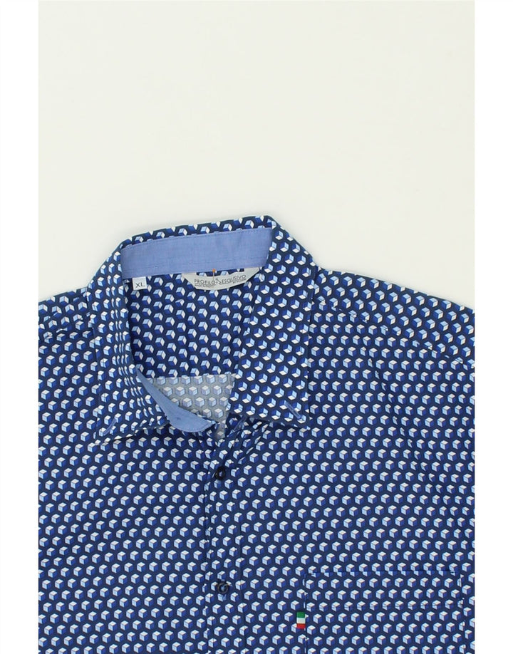 PROFILO Mens Short Sleeve Shirt XL Blue Geometric Cotton Vintage Profilo and Second-Hand Profilo from Messina Hembry 