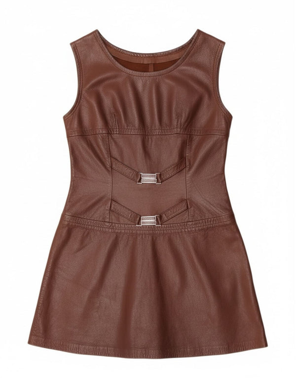 Vintage γυναικείο αμάνικο δερμάτινο φόρεμα A-Line UK 10 Small Brown