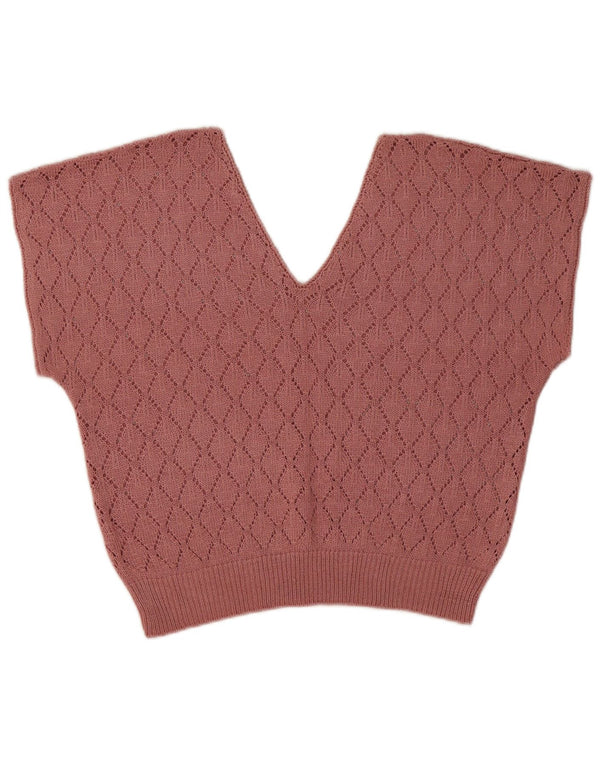Vintage Womens Crop Short Sleeve V-Neck Jumper Sweater UK 16 Large Pink