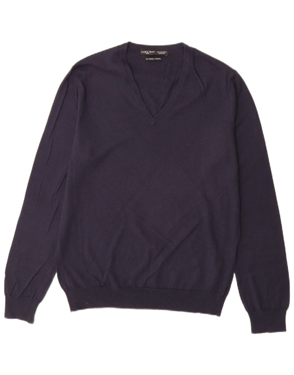 Zara Mens V-Neck Jumper Sweater Large Navy Blue Cotton