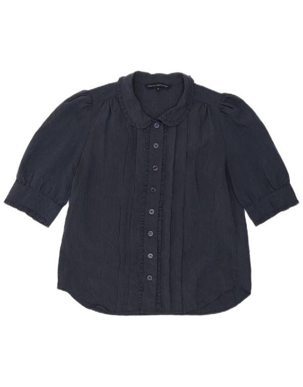 French Connection Womens Ruffle Front Shirt Blouse UK 12 Medium Navy Blue