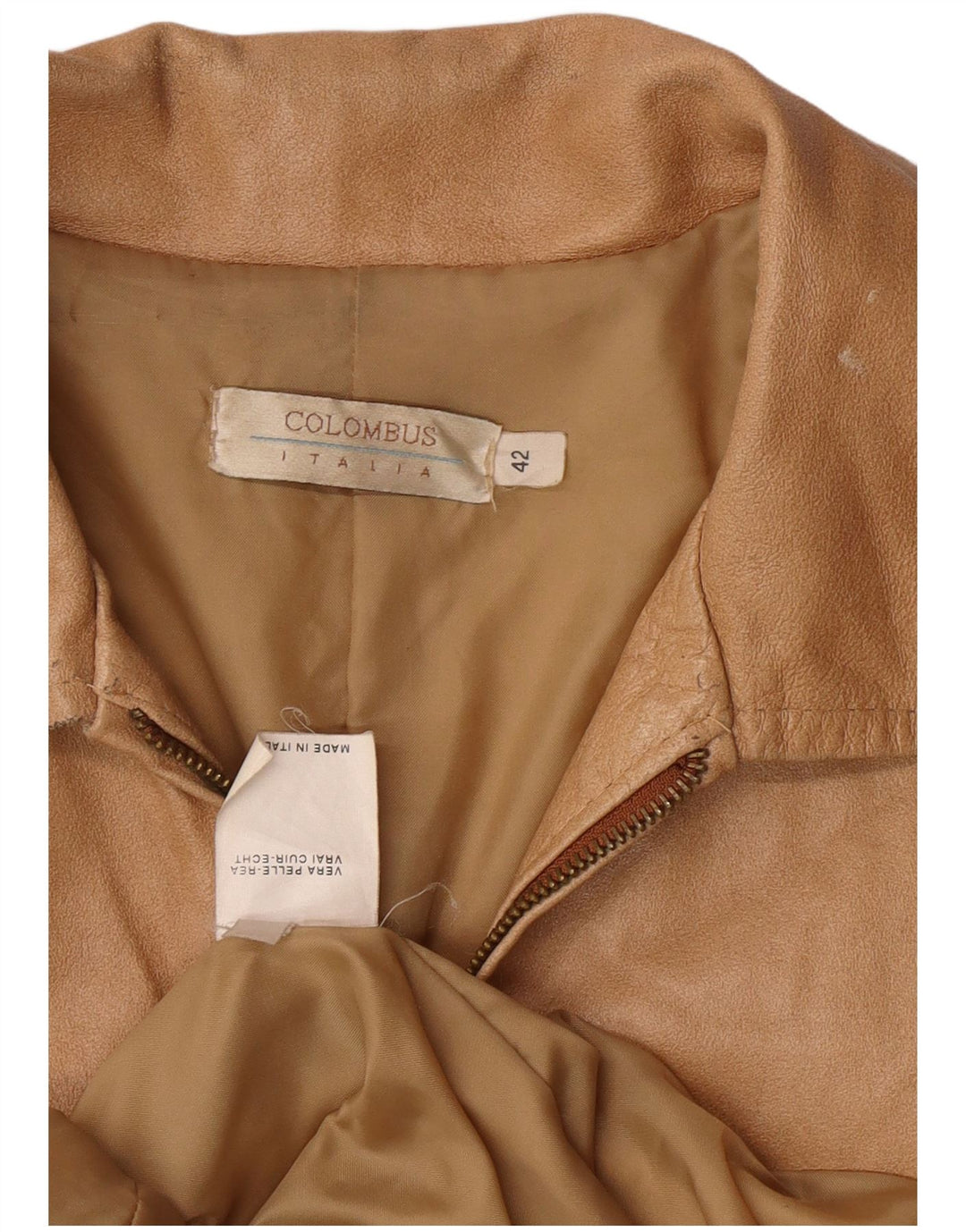 COLOMBUS Womens Full Zip Leather Coat IT 42 Medium Beige Leather