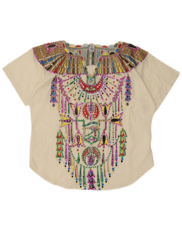 Vintage γυναικεία αφηρημένη μοτίβο μπλούζα τοπ UK 14 Medium White Ethnic