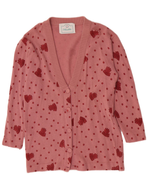 Vintage Womens Longline Cardigan Sweater UK 14 Large Pink Spotted Wool
