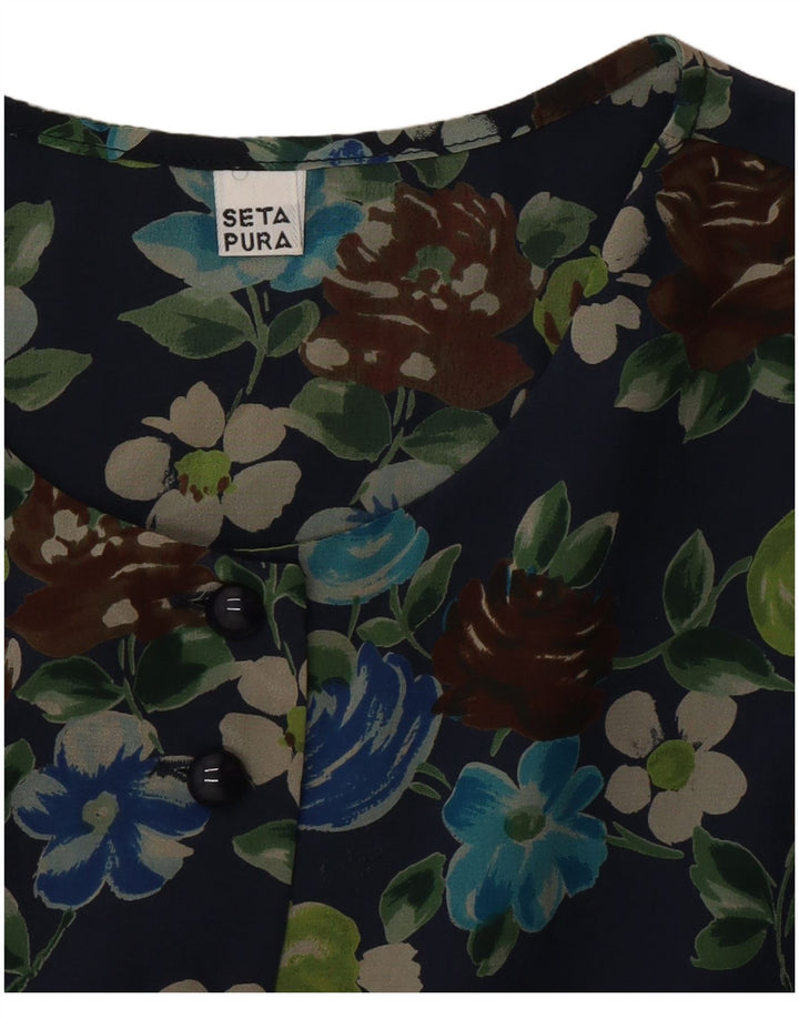 Vintage γυναικείο φόρεμα Shift UK 12 Medium Navy Blue Floral Silk