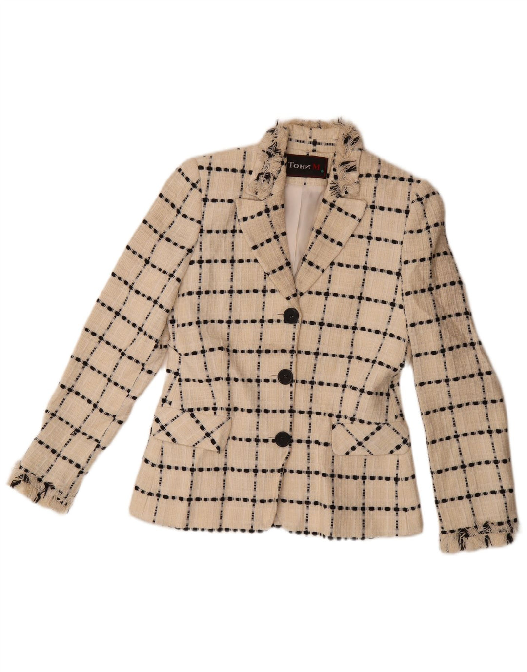 Vintage γυναικείο μπουφάν σακάκι με 3 κουμπιά UK 10 Small Off White Check Wool