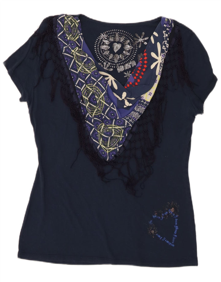 Desigual Γυναικείο γραφικό T-Shirt Top UK 18 XL Navy Blue Patchwork